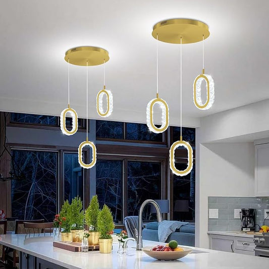 Dimmable Oval Ring Pendant Light Modern LED Crystal Ring Chandelier for Dining Room Bedroom Living Room Pendant Lights for Kitchen Island Adjustable 3-Light Gold