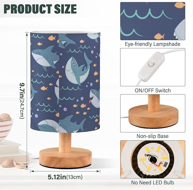 Table Lamp Marine Shark Fish Bubble Pattern Nightstand Lamp with Wood Base Fabric Lamp Shade Bedside Desk Lamp for Living Room Bedroom Kids Room Office