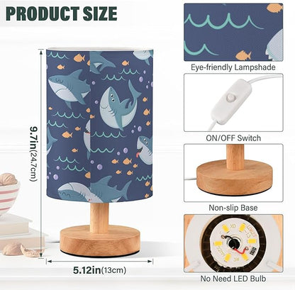 Table Lamp Marine Shark Fish Bubble Pattern Nightstand Lamp with Wood Base Fabric Lamp Shade Bedside Desk Lamp for Living Room Bedroom Kids Room Office