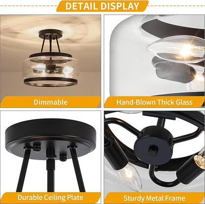 11.81" Black Glass Semi Flush Mount Ceiling Light, 3-Light Modern Light Fixture, Hallway Ceiling Lights, Ceiling Lamp for Entryway Bedroom Laundry Kitchen Dining Room Close to Ceiling Light Fixtures