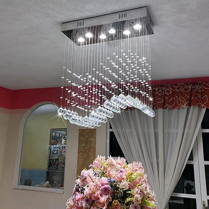 Modern Wave Chandelier, Rectangular Crystal Raindrop Chandelier Flush Mount Pendant Lighting Chrome Ceiling Light Fixture for Dining, Living Room, Kitchen Island, Bedroom of CRYSTOP