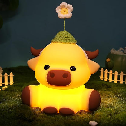 Attivolife Highland Cow Night Light for Kids, Flower Cow Cute Animal Gift Soft Silicone LED Lamp with Dimmable and Timer, Bedroom Bedside Table Decor, Birthday Christmas Gifts for Children Baby