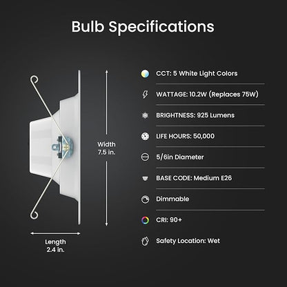 Feit Electric 6in LED Recessed Downlight, 75W Equivalent, Adjustable White 2700K–5000K, Switch-Selectable Color Temperature, Dimmable, E26 Retrofit, 10.2W, 50,000-Hour Lifetime, LEDR56F/6WYCA