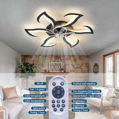 32" Black Geometric Modern 6-Head Ceiling Fan with Lights Remote Control, Low Profile Ceiling Fan with Light for Kitchen Bedroom Living Room