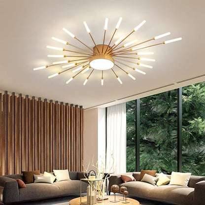 JAYMP 41.3" Ceiling Light Modern Flower Shape Ceiling Lamp for Living Room Dining Room Flush Mount Metal Acrylic Sputnik Firework Petal LED Lighting Fixture (Matte Gold, 28+1 Lights)