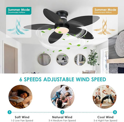 Surtime 46" Black Ceiling Fans with RGB Lights - Flush Mount Ceiling Fan Light with LED 3CCT Dimmable, Tropical Palm Leaf Ceiling Fans for Indoor Party,Covered Outdoor