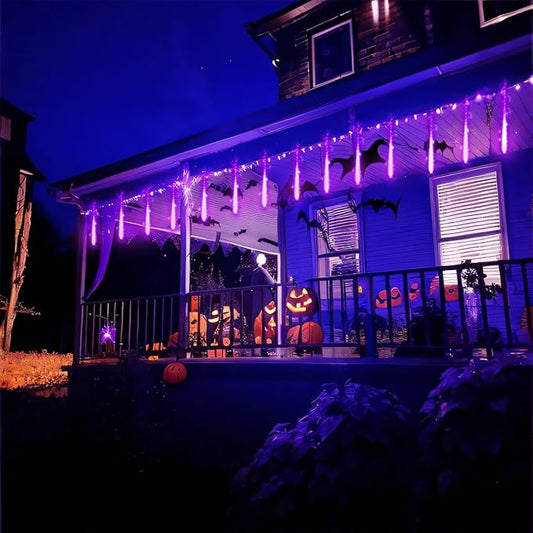 Purtuemy Halloween Lights Outdoor, Meteor Shower Lights 12 inch 8 Tubes Icicle Fairy String Lights for Halloween Christmas Decorations Tree Party Yard Outdoor, UL Plug, Purple