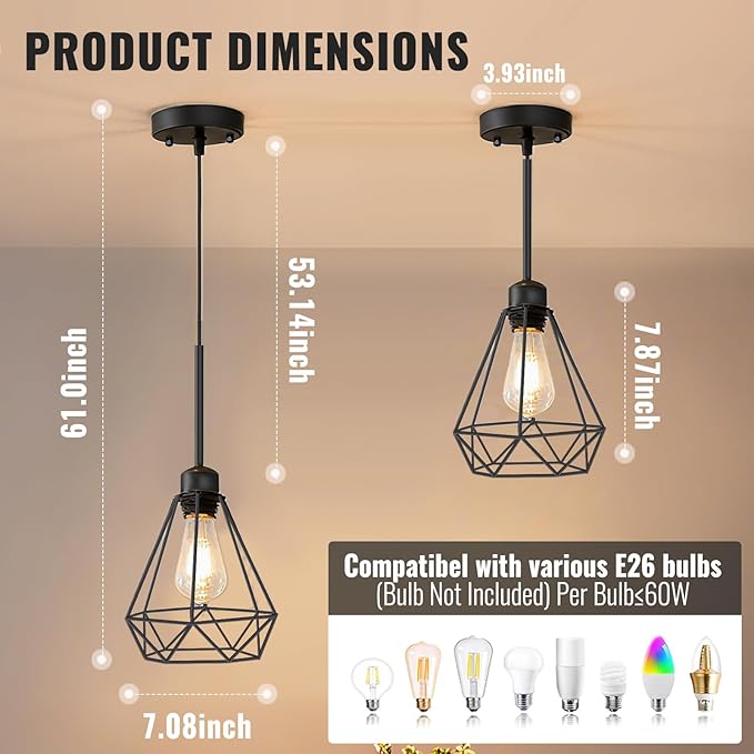 Maliralt Pendant Light Hanging Lights Fixture - Adjustable Hanging Lamps with Black Metal Diamond Shade for Kitchen Island, Dining Room Over Table, Breakfast Corner, Farmhouse Home Decor - 1 Pack
