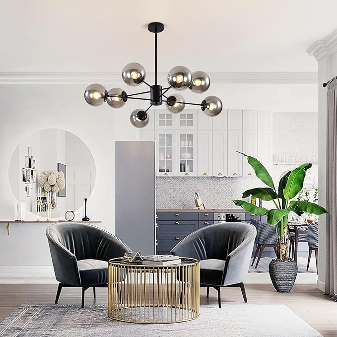 KCO Lighting 8 Lights Modern Sputnik Ceiling Light Fixture Black Globe Chandelier Smoke Gray Glass Chandelier Mid Century Hanging Light Fixture