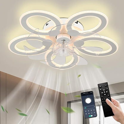LED Ceiling Fan with Light Low Profile Ceiling Fan with Light White Flush Mount Fandelier 6 Speeds 3 Color Dimmable White Fan for Bedroom Kids Room Living Room