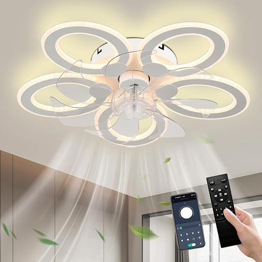 LED Ceiling Fan with Light Low Profile Ceiling Fan with Light White Flush Mount Fandelier 6 Speeds 3 Color Dimmable White Fan for Bedroom Kids Room Living Room