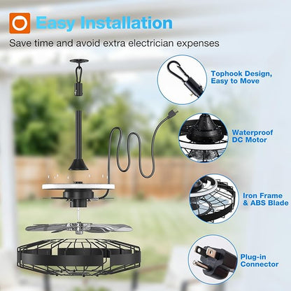 addlon 20 Inch Outdoor Ceiling Fan with Light for Patio, IP65 Waterproof Plug in Caged Hanging Fan, Remote Control, 3 CCT, 6 Speeds Reversible Outdoor Fan for Gazebo, Pergola, Porch