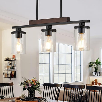 Wood Island Light for Kitchen/Restaurant,3-Light Farmhouse Dining Room Fixture/Chandelier Over Table/Bar,Matte Black Industrial Linear Pendant Lighting Fixtures Ceiling Hanging with Glass Shade-E26
