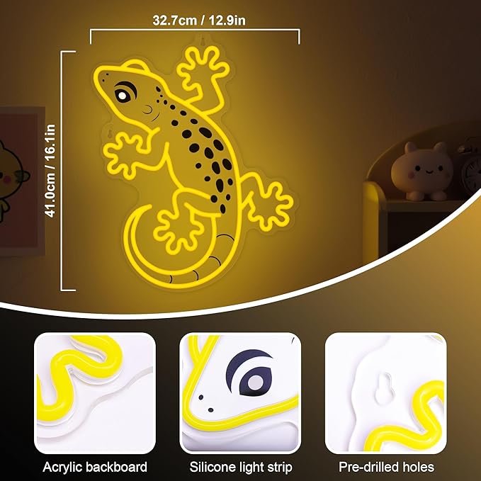 OkiyiD Gecko Neon Sign, Gecko Wall Art Decor Gifts with USB Power, Wild Reptile Themed Ambient Lighting for Bedroom, Office, Game Room and Bar