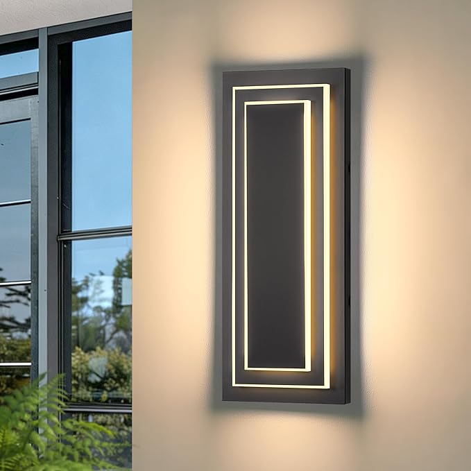 2-Tier Outdoor Front Porch Light Fixtures,Modern Black Outdoor Wall Sconce,15.7 in Waterproof Led Exterior Lights Outside Wall Lights for House,Garage, Patio with 24W 3000K Warm White 1 Pack