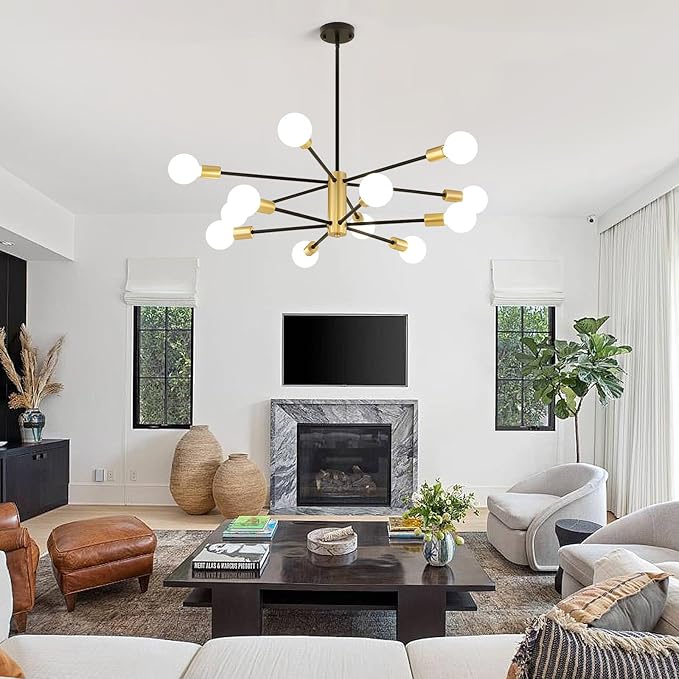 AMZASA Sputnik Chandeliers Ceiling Light Fixture, 12 Lights Modern Farmhouse Chandelier Black and Gold Mid Century Pendant Light for Dining Room, Living Room, Kitchen Island Entryway Foyer, UL Listed