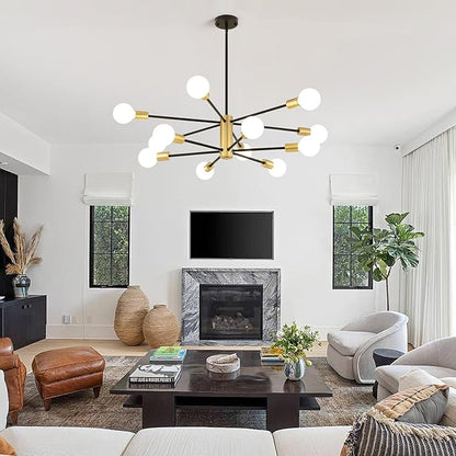 AMZASA Sputnik Chandeliers Ceiling Light Fixture, 12 Lights Modern Farmhouse Chandelier Black and Gold Mid Century Pendant Light for Dining Room, Living Room, Kitchen Island Entryway Foyer, UL Listed