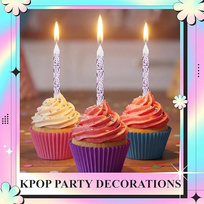 Conelist 12 Pcs White Kpop Themed Birthday Candles Purple Lightning Birthday Decorations Cartoon Movie Cake Toppers for Themed Party Supplies
