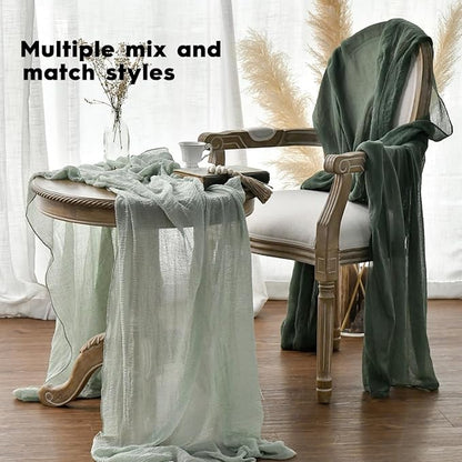 Artoid Mode Boho Sage Green Gauze 6 Pieces Wedding Table Runner, 120 Inch Seasonal Fabric Kitchen Dining Holiday Table Decor for Home Party Indoor