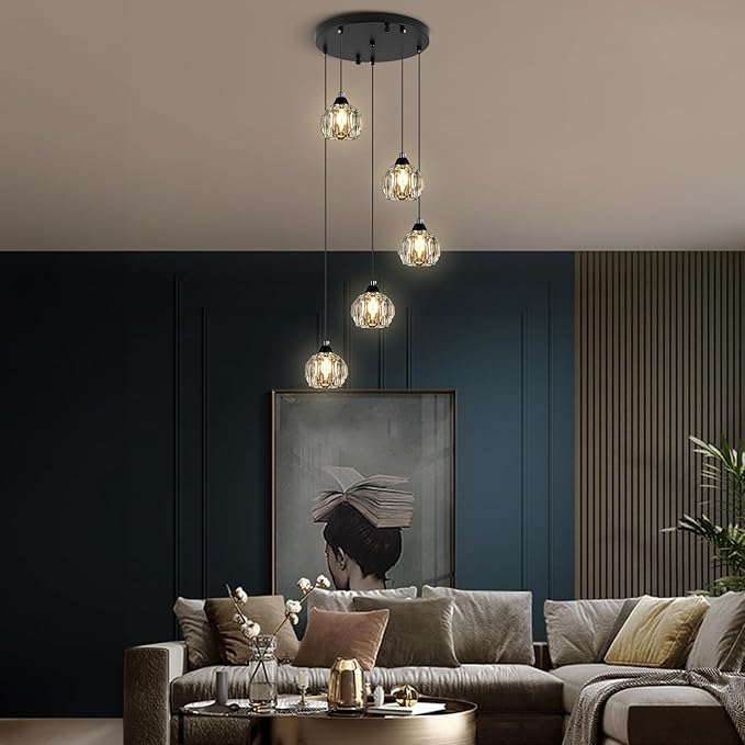 Weesalife Crystal Chandeliers for Dining Room Lights Fixture Over Table, 5-Light Black Modern Pendant Light Fixture，Crystal Chandeliers for Living Room Kitchen Island Staircases Foyer Hallway Bar