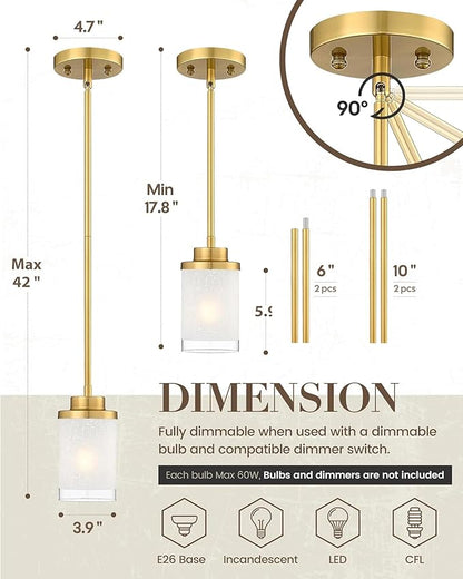 TENGXIN Modern Pendant Light for Kitchen Island, Brushed Gold Hanging Ceiling Light Fixture,Farmhouse Pendant Lighting for Dining Room Bedroom Bar Office 2Pack,TXPLBG01-2PK