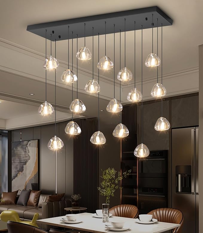 HAIXIANG W35 x D11.8 x H118 Rectangular Chandelier Bubble Crystal Balls Glam Chandeliers Dimmable Light High Ceiling Pendants Light Fixtures Adjustable Long Lights Black