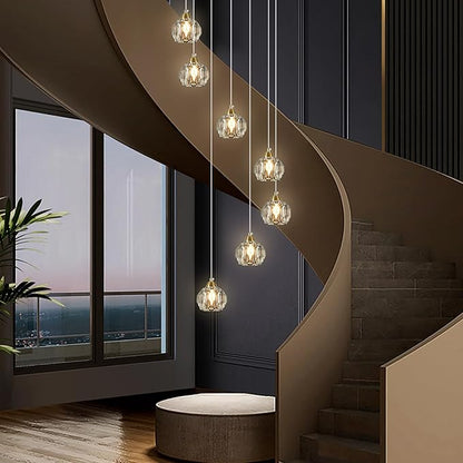 Weesalife Crystal Chandeliers for Staircases, 7-Light Gold Modern Chandeliers for High Ceilings，Crystal Pendant Light Fixture for Living Room Kitchen Island Foyer Hallway Bar