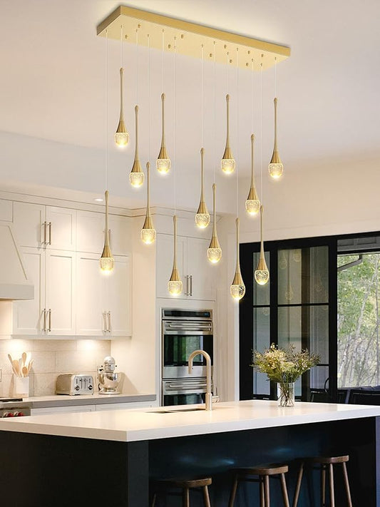 ykolupty 14-Light Modern LED Pendant Lighting Fixture for Kitchen Island Raindrop Crystal Chandelier Gold Chandelier for Dining Room High Ceiling Chandeliers for Staircase Foyer Hallway Villa