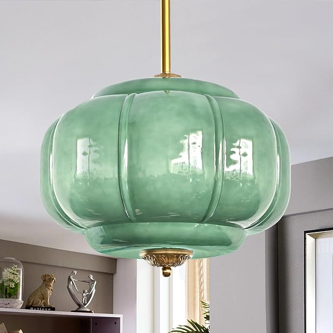 Milk Glass Pendant Light, 15 Inch Green Handblown Shade with Antique Brass Hardware, Adjustable Hanging Rod Vintage Chandelier, Dimmable E26 Base Fixture for Kitchen Island, Dining Room, Livingroom