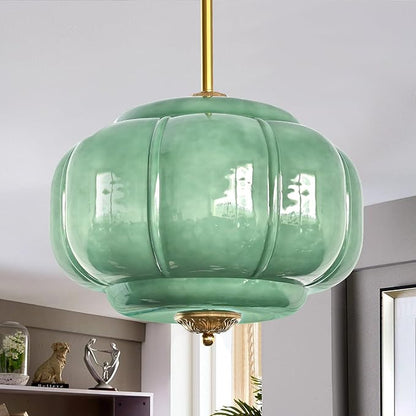 Milk Glass Pendant Light, 15 Inch Green Handblown Shade with Antique Brass Hardware, Adjustable Hanging Rod Vintage Chandelier, Dimmable E26 Base Fixture for Kitchen Island, Dining Room, Livingroom