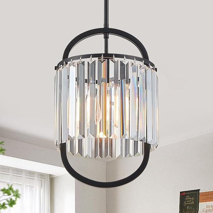 Black Crystal Pendant Light for Dining Room, 9.4" Mini Luxury Crystal Chandelier Lights Fixture, Small Modern Elegant Adjustable Chandelier for Bedroom Kitchen Island