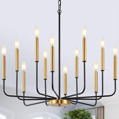 12-Light Black and Gold Chandelier, Modern Farmhouse Chandelier for Dining Room Hanging Lighting Fixture, Metal Candle Chandelier with Chain for Living Room, Kitchen, Entryway, Foyer, Stairs