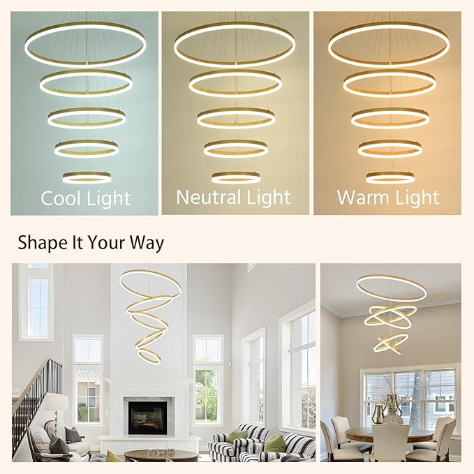 5 Rings Modern LED Chandelier Gold Large High Ceiling Chandeliers with Remote Control Contemporary Pendant Light Dimmable for Staircase Entryway Living Room Foyer Villa(3000K-6500K D31.5)