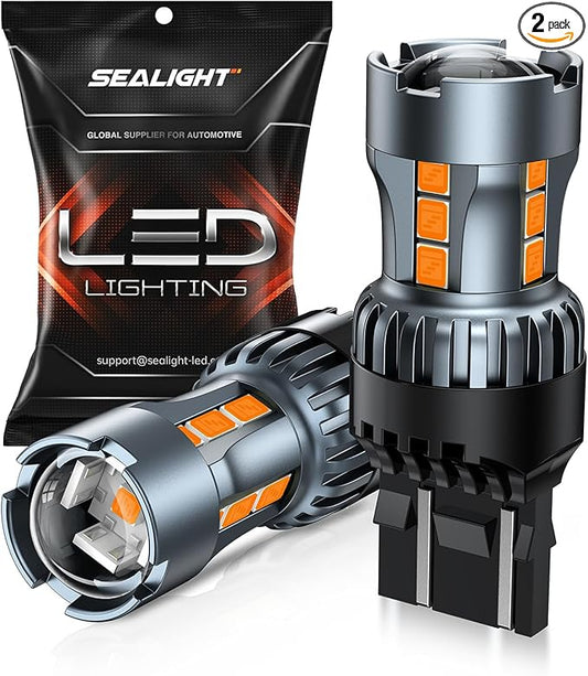 SEALIGHT 7443 7440 LED Bulb Amber Turn Signal Lights, T20 7441 7444 992 W21W LED Light Bulb with Projector Len and Need Extra Load Resistor, Includes Additional Decoders, Pack of 2