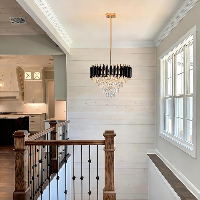 Modern Crystal Chandelier 5-Lights Black and Gold Chandelier for Dining Room Light Fixture 4-Tier Round Pendant Flush Mount Chandeliers Ceiling Lighting for Living Room Kitchen Bedroom Foyer