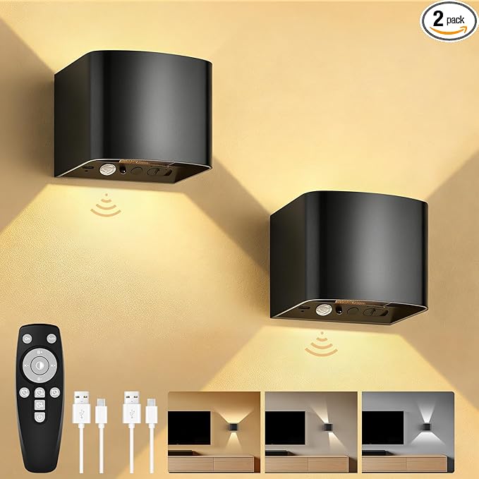 Motion Sensor Wall Light with Remote Control, 5000mAh Rechargeable Battery Powered Wall Lamps, Dimmable 2700-6500K, Adjustable Beam Angle, Black Up and Down Wireless Wall Sconce for Bedroom, 2-Pack