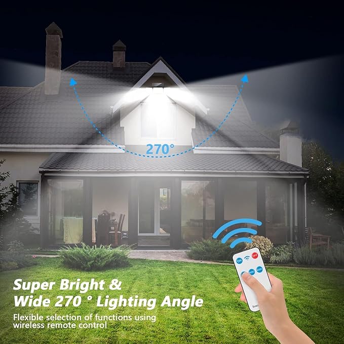 Solar Outdoor Lights, IP65 Waterproof Motion Sensor Outdoor Lights with Remote Control, 4 Heads Solar Flood Wall Lights for Outside Yard Pack of 2