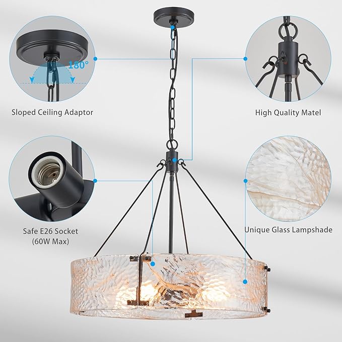 XINGQI 20.7" Black Glass Chandeliers Modern 4-Light Farmhouse Pendant Lighting Fixtures Elegant Round Chandeliers for Dining Room Kitchen Island Living Room Entryway