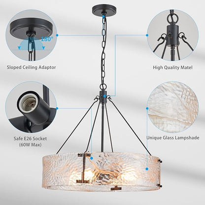 XINGQI 20.7" Black Glass Chandeliers Modern 4-Light Farmhouse Pendant Lighting Fixtures Elegant Round Chandeliers for Dining Room Kitchen Island Living Room Entryway