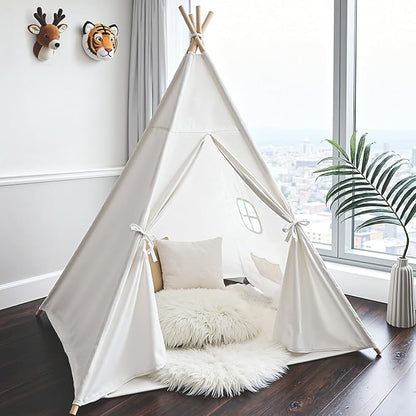 Sumbababy Teepee Tent for Kids, Cotton Canvas Indoor Play Tent, Foldable Toddler Sleepover Tents for Girls & Boys Slumber Party, Washable Gift Set with Star Lights, Banner & Carry Bag