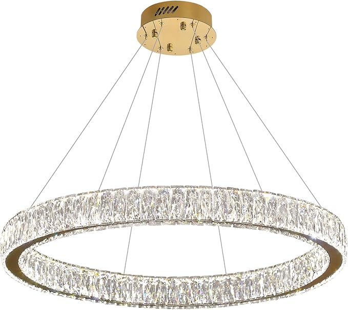 Modern LED Dimmable Crystal Chandelier 39.4" Ring Pendant Light Adjustable Gold Round Crystal Chandelier Light Fixtures for Dining Room Living Room