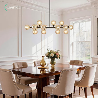 16-Light Globe Sputnik Chandelier, Linear Dining Room Light Fixture Over Table, Mid Century Modern Black Chandeliers for Dining Living Room, Kitchen Island Lighting (Amber Bubble, 40 Inch)