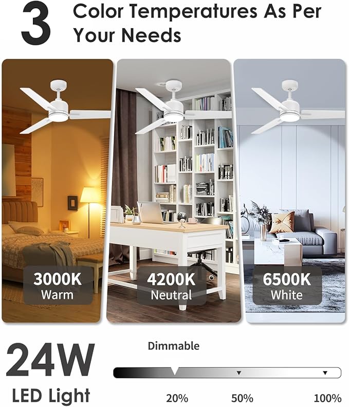 Newday 52 Inch White Ceiling Fan with Lights and Remote, Modern DC Motor Ceiling Fan with 3 Reversible White/Natural Wood Blades, 3CCT Dimmable LED, 6 Speeds, Quiet Fan for Nursery, Bedroom, Patio