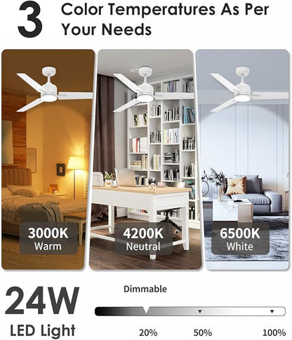 Newday 52 Inch White Ceiling Fan with Lights and Remote, Modern DC Motor Ceiling Fan with 3 Reversible White/Natural Wood Blades, 3CCT Dimmable LED, 6 Speeds, Quiet Fan for Nursery, Bedroom, Patio
