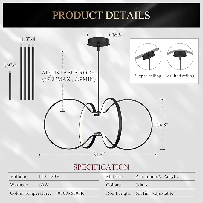 Modern LED Pendant Light Black Dimmable Circular Chandelier, Kitchen Island Pendant Light Fixture with Remote Control for Dining Room, Kitchen, Entry, Living Room(D31.5 Inch)