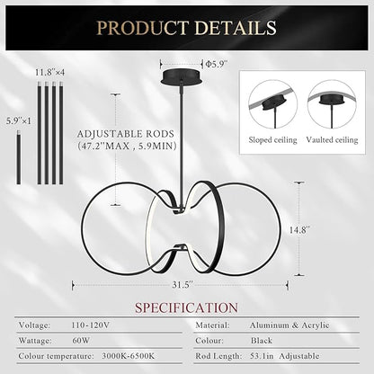 Modern LED Pendant Light Black Dimmable Circular Chandelier, Kitchen Island Pendant Light Fixture with Remote Control for Dining Room, Kitchen, Entry, Living Room(D31.5 Inch)