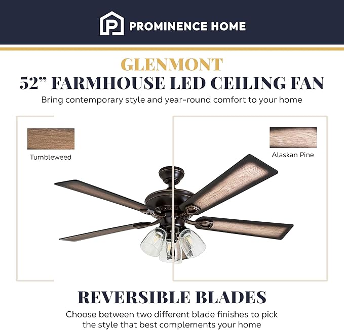 Prominence Home Glenmont, 52 Inch Farmhouse LED Ceiling Fan with Light, Pull Chain, Three Mounting Options, Dual Finish Blades, Reversible Motor - 40278-01 (Oil-Rubbed Bronze)