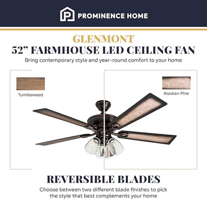Prominence Home Glenmont, 52 Inch Farmhouse LED Ceiling Fan with Light, Pull Chain, Three Mounting Options, Dual Finish Blades, Reversible Motor - 40278-01 (Oil-Rubbed Bronze)