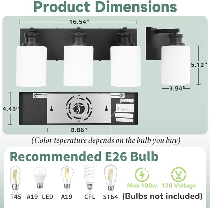 Bathroom Vanity Light, Modern 3 Light Bathroom Light Fixture Over Mirror with White Glass Shade, Black Vanity Lights for Bathroom, E26 Base, 16.5 inch (Bulbs Not Included)