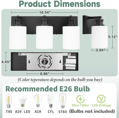 Bathroom Vanity Light, Modern 3 Light Bathroom Light Fixture Over Mirror with White Glass Shade, Black Vanity Lights for Bathroom, E26 Base, 16.5 inch (Bulbs Not Included)